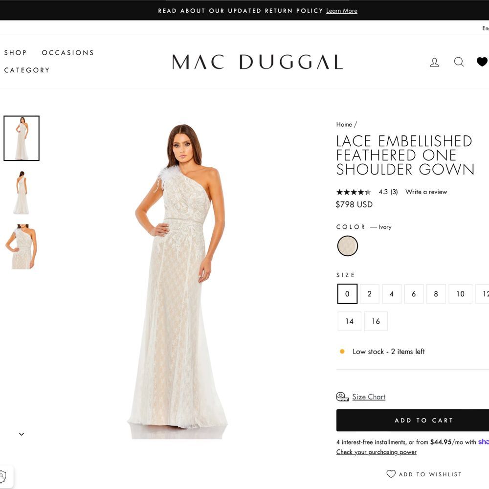 NEW $798 Mac Duggal [ 12‎ ] Lace Embellished Feather One Shoulder Gown Ivory - Picture 3 of 16